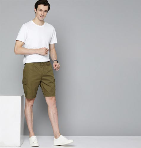 Men Olive Green Pure Cotton Solid Cargo Shorts